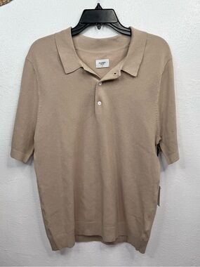 Academy Brand Polo Shirt Men's M Light Browm Textured Knit Short Sleeve Button